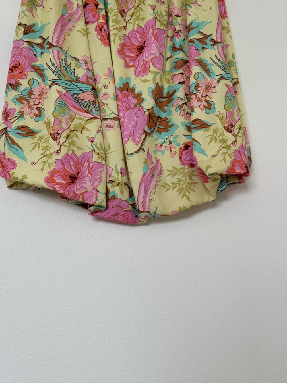 Plenty Strapless Silk Dress Floral Bird Print Yellow Pink Womens 4 Mini - Picture 2 of 14